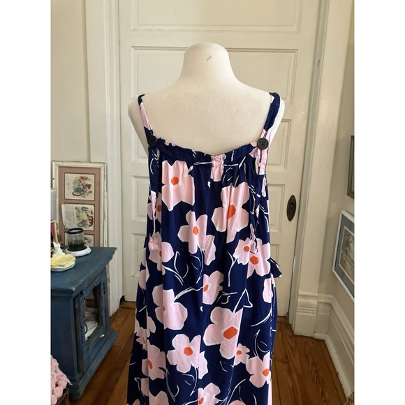 Maxi Dress Junior Sz L Navy Pink Floral Ruffled Maxi prairie cottagecore - Picture 8 of 9